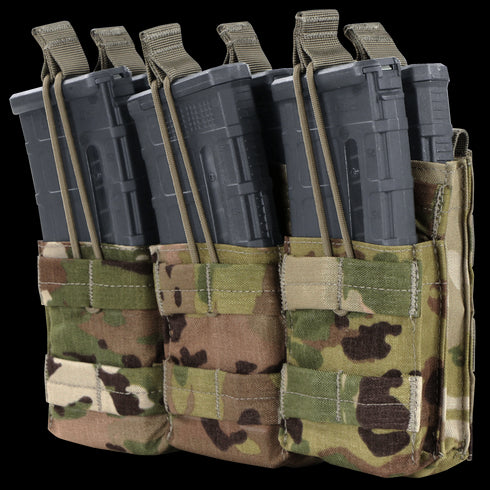 The Condor Triple Stacker M4 Mag Pouch in Scorpion OCP securely holds three rifle magazines with adjustable straps for a reliable fit.